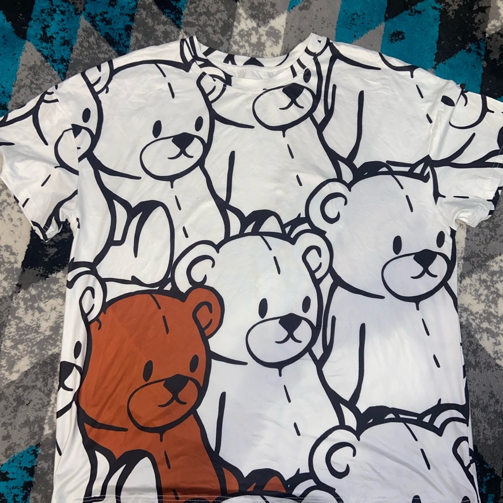 Bear Print T-Shirt - White and Brown